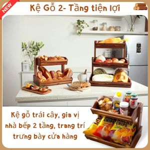 Kệ gỗ trái cây gia vị nhà bếp 2 tầng trang trí trưng bày cửa hàng nhà bếp