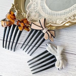 10cm Bow French Pleat Hair Style Hair Comb Pin with Crystal 5 Teeth Elegant Stewardess Hairstyle Hair Comb Clip Pin [SG]