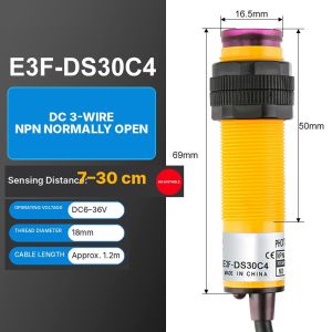 NOBLELYN 1Pcs E3F-DS30 Diffuse Reflection Photoelectric Switch 30cm Detection Range Adjustable Sensitivity Infrared Photoelectric Sensor  NPN Normally Open Proximity Sensor Switch for Industrial Automation Detection
