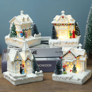 Glowing small house white European warm light hut Christmas decorations ornaments snow house