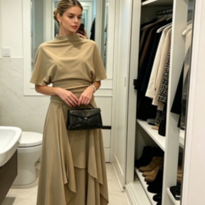 Women Camel Draped Two Piece Set Elegant Mock Neck Ruched Waist Top Asymmetric Midi Skirt 2026 Casual Daily Date Office Outfit2026