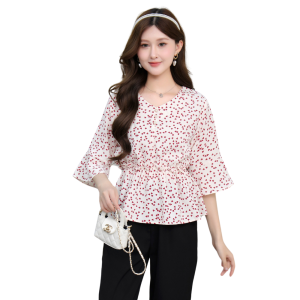 Jass Shop Womens Formal Blouse M-L V-Neck Printed 3/4 Sleeve Waist Gartered #3018