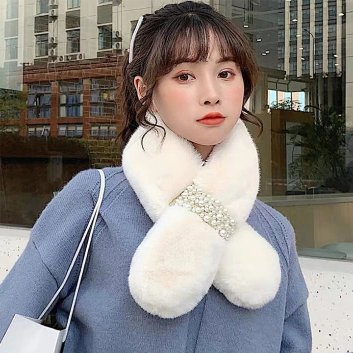 REEBO Phụ nữ Ngọc trai Giả lông thỏ Đi qua Khăn quàng cổ sang trọng Máy ...