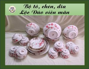 BỘ TÔ CHÉN ĐĨA GỐM SỨ 4D HỌA TIẾT LỘC ĐÀO VIÊN MÃN - (GỒM 3 TÔ BẦU 4 DĨA ẢO  10 CHÉN CƠM)