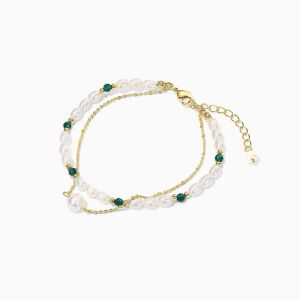 สร้อยข้อมือสองชั้นคริสตัลสีเขียวเหนียวทรัพย์พร้อมด้วยมุกไข่มุกน้ำจืดแท้น่ารักใส่ได้ตลอดปังมาก