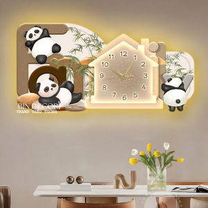 Tranh đồng hồ đèn led gia đình gấu trúc panda 6 trang trí decor kèm đinh