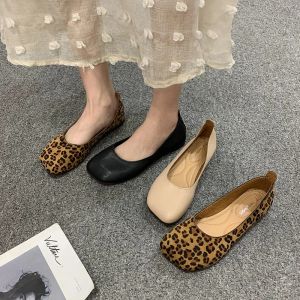 Women comfort square toe boat shoes Leopard flat ballet shoes