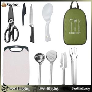 【Vodool】 8pcs Camping Cookware Utensils Travel Set Stainless Steel Camping Cooking Utensils Set Camping Utensil Set for Backpacking Outdoor Camping