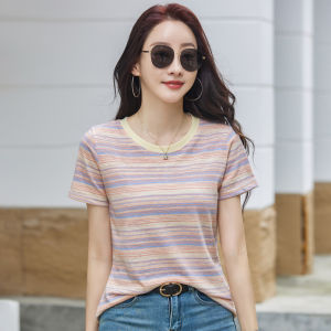 Phụ Nữ Tay Ngắn Cổ Tròn T-Shirt giản dị áo kẻ sọc 72% cotton