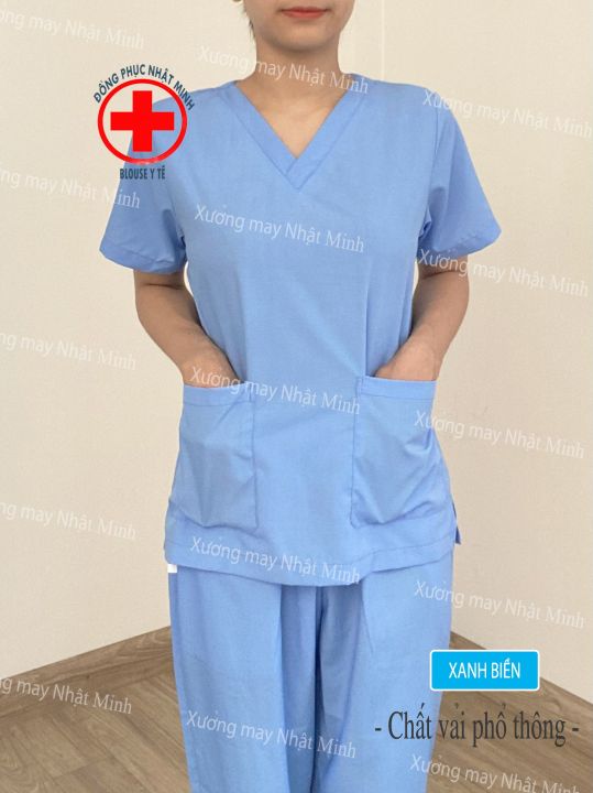 Bộ Scrubs cổ tim màu xanh dương vải lon nhật, đồng phục phòng khám,spa ...