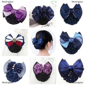 [COD] Modingdue Nurse Stewardess Hair Accessories Bowknot Stripe Net Bun Hair Cover Women Barrette Net Bun Crochet Net Bun Snood