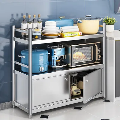Stainless Kitchen Cabinet Rack Kitchen Pantry Cabinet with Doors Open Storage Countertop Dustproof Floor Storage Shelves Cabinet Multi-function Rack Enclosed Rack