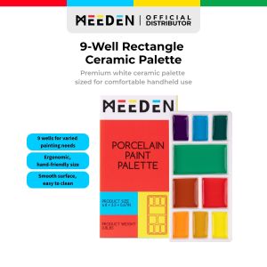 MEEDEN 9-Well Rectangle Ceramic Paint Palette – Ergonomic Porcelain Compact Lightweight Mixing Tray