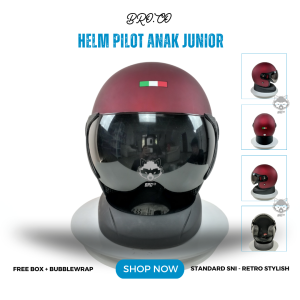 HELM PILOT RETRO ITALY ANAK ANAK JUNIOR HALF FACE HITAM BLACK GLOSSY STANDARD SNI PREMIUM BROKIDS BRO.CO UNTUK LAKI-LAKI DAN PEREMPUAN (COWOK-CEWEK) FULL LEHER FREE PACKING KARDUS DAN BUBBLEWRAP MURAH