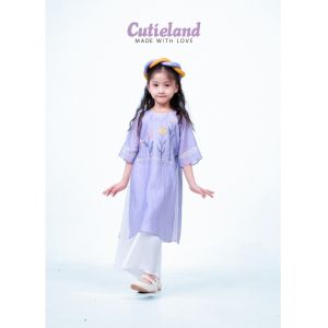 Cutieland - Bộ áo dài bé gái tơ tím thêu hoa