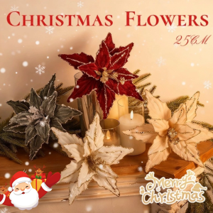 Christmas Glitter Flowers Poinsettia Artificial Flower Christmas Tree Ornament New Year Home Decor