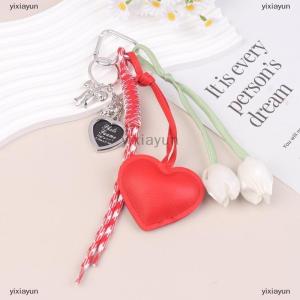 [COD] yixiayun Fashion Sweet Tulip Leather Heart Lanyard Keychain Ins Style Braided Rope Key Holder Versatile Bag Pendant Decoration Gifts