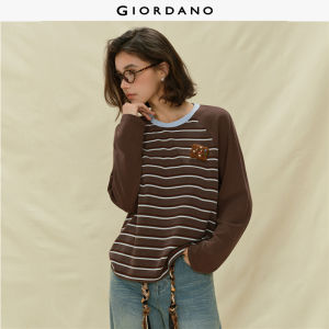 Giordano Women Felt biscuit brooch long sleeve stripe t-shirt Free Shipping 18325627