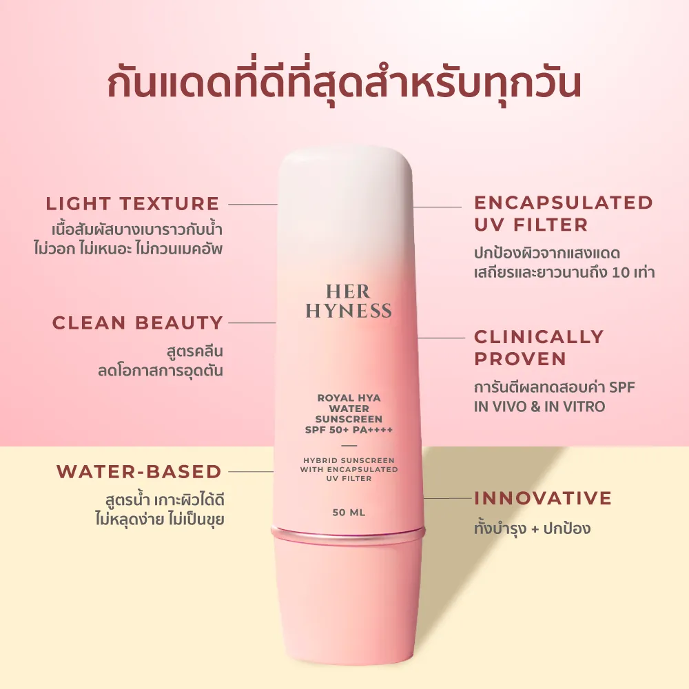 HER HYNESS ROYAL HYA WATER SUNSCREEN SPF50+ PA++++ 30 ML เฮอ ไฮเนส กันแดด เนื้อน้ำ บำรุงผิวหน้า เพิ่มความชุ่มชื้น 30 มล.