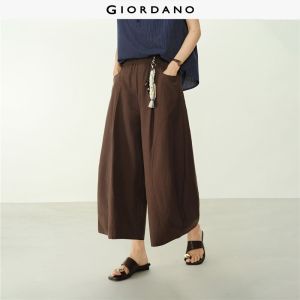 Giordano Women Curved seam detail wide leg cropped pants Free Shipping 18426206