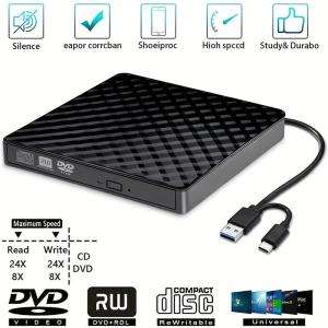 External CD DVD +/-RW Drive USB 3.0 & USB-C CD DVD ROM Optical Disk Drive Player Burner Rewriter Portable For Laptop Desktop PC Windows 11/10/8/7 Surface Pro Mac MacBook Pro/Air