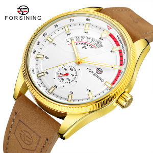 Forsining นาฬิกากลไกผู้ชายนาฬิกาอัตโนมัติแนวสปอร์ตทหารสายหนังสีน้ำตาล
