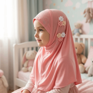 HOUCHU Pull On Style Kids Hijab Flower Design Jersey Material Islamic Headscarf Cute Stretchable Girls Hijab Kids Girls