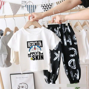 ชุดเซ็ทใส่เที่ยวผู้หญิง-ผู้ชาย ผ้าฝ้าย เสื้อยืดคอกลม+กางเกงขายาว ลายมินนี่-หมีสก็อต อายุ3-10 ปี ยืดหยุ่นใส่สบาย ลายน่ารักทันสมัย