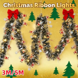 3/5m Christmas Ribbon with Lighting Christmas Tree Decoration Hanging Rattan Home Bar Party Decor Garland
