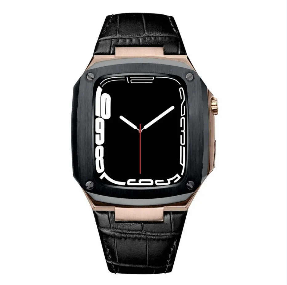 Luxury Metal Case For Apple Watch Series 45mm Genuine Leather Strap  Mod Modification Kit Cover For iWatch Band SE2 44mm