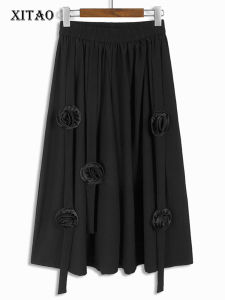 XITAO Three-dimensional Patchwork Floral Pants Solid Color Female Elastic Waist Loose Wide Leg Pants Summer LYD1890