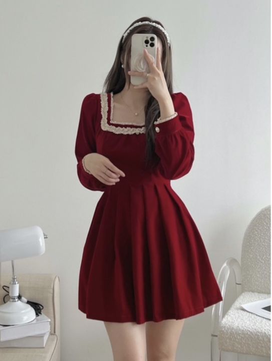 váy nhung đỏ cổ vuông | Shopee Việt Nam