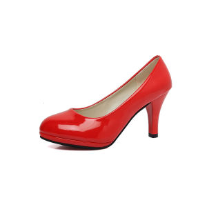 [Free Shipping] Spring New Collection: Plus-Size High Heels Stiletto Heels Round-Toe Solid-Color Flats Shallow-Cut Patent Leather Mid-Heel Professional WomenS Shoes For The Office