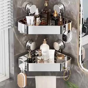 [OKLIFE®]No Drill Corner Shower Caddy Suction Cup Bathroom Storage Rack with Hooks for HDB Bathroom