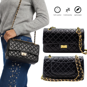HOPE ROZA Women Crossbody Bag Quilted Black Leather Chain Organizer - Black quilted leather with gold chain strap and turn-lock closure.