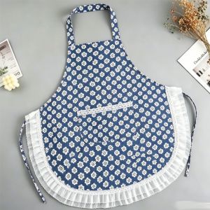 RANG Lace Design Ruffled Trim Apron Canves Stain-proof Work Clothes Small Flowers CookingApron For Kitchen