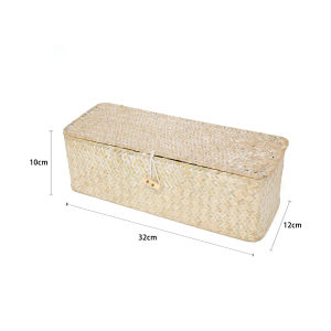 Handmade Woven Straw Storage Basket for Household Miscellaneous Items with Lid Square Three-Compartment Desktop Organizer