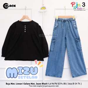 COD Setelan Atasan Blus Lengan Panjang Dan Celana Jeans Cargo Anak Perempuan Usia 8-14T Mizuu Set