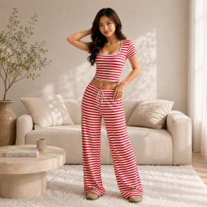 QMissLin Phụ Nữ Sọc Bộ phòng chờ Cổ Vuông Áo ngắn tay quần ống rộng mềm mại thoải mái Homewear Bộ đồ ngủ QML-0059 S-XXL