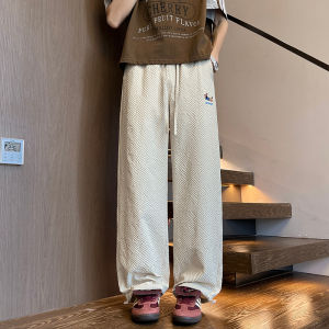 LJPNK Summer Fashion Loose Pants for Men – Embroidered Dachshund Seersucker Trousers with Street Style Aesthetic