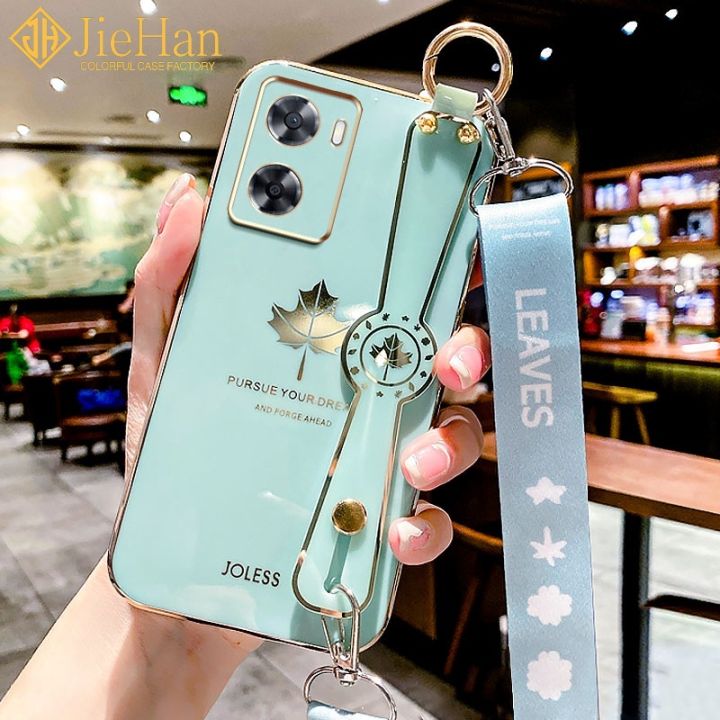 JieHan For OPPO Realme C33 Maple Leaf Style with Wrist Strap Lanyard Luxury Phone Case