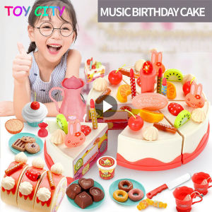 Singing and glow Pretend Play Birthday Cake DIY Cutting Kitchen Food Toys Model Early Educational Set for Girls Boys Gift