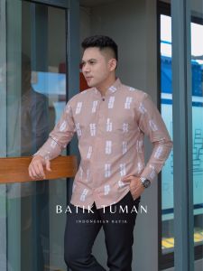 ACHMAD MOCCA Slimfit Baju Koko Muslim Batik Cap Dewasa Lengan Panjang Warna Soft Choco White Pastel Bahan Katun Halus Berkualitas
