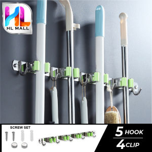 HL MALL SUS304 Stainless Steel Wall Mounted Clothes Rack Storage Bedroom Kitchen Bathroom 6/5/4/3/2 HOOK 5/4/3/2/1 Clip Mop Broom Wall Holder (Colour Random)