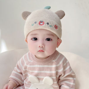 หมวกบีนนี่ถักลายการ์ตูนน่ารักสำหรับเครื่องป้องกันหูเด็กทารกหมวกสักหลาดให้ความอบอุ่นฤดูหนาวสีทึบทารกแรกเกิดฤดูใบไม้ร่วง