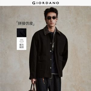 Giordano Men PU collar cargo pockets cotton padded jacket Free Shipping 18075706
