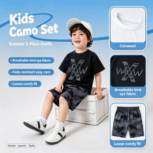 AILEBE Kids Sets Terno Camo Letter Print Short Sleeve Top Shorts Set Breathable Bird Eye Fabric Summer Wear Fade-Resistant Easy Care Loose Comfy Trendy Outfit Pambahay OOTD For Baby Boys 0-5 Years