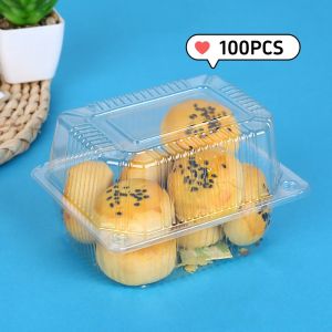 100pcs Rectangle Disposable Clear Clamshell Food Container Pastry Packaging Box for Cakes Pastry Meal