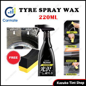 220ml Carmate Tyre Spray Wax with Free Sponge Long-Lasting Black Shine UV Protection Suitable Side Step Surface Engine Plastic Trim Original