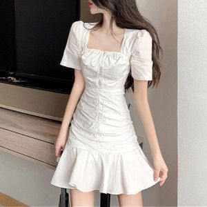 White Casual Korean Dress for Women Simple Style Pleated Square Neck Waist Thin Ruffle Edge Dress